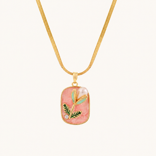 Pink Tulip charm Enamel Pendant Necklace For Women