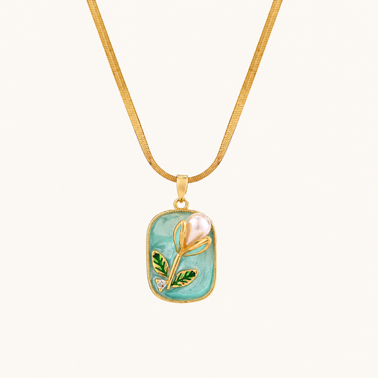 Green tulip charm Enamel Pendant Necklace For Women