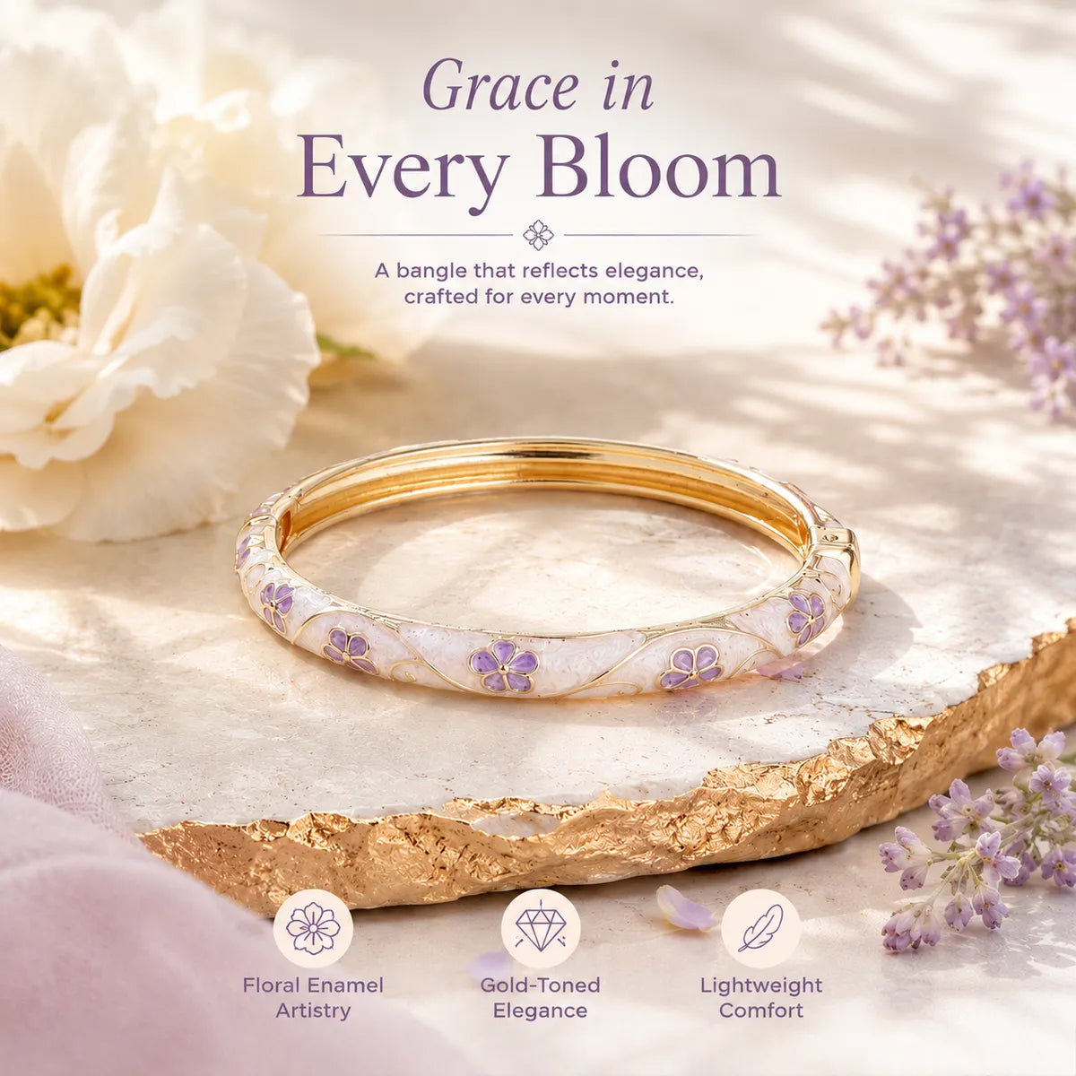 Blush Petal Enamel Bangle Bracelet For Women